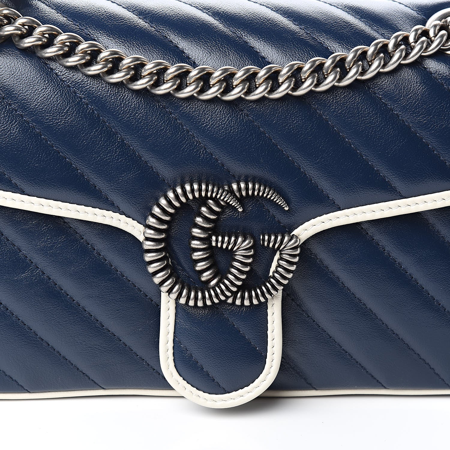 Gucci Vintage Effect Calfskin Matelasse Diagonal Small Torchon GG Marmont Shoulder Bag Blue Agata Mystic White 10 of 10