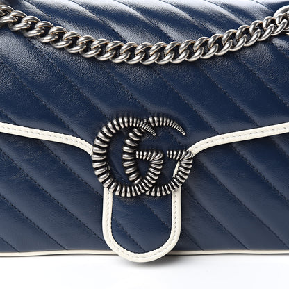 Gucci Vintage Effect Calfskin Matelasse Diagonal Small Torchon GG Marmont Shoulder Bag Blue Agata Mystic White 10 of 10