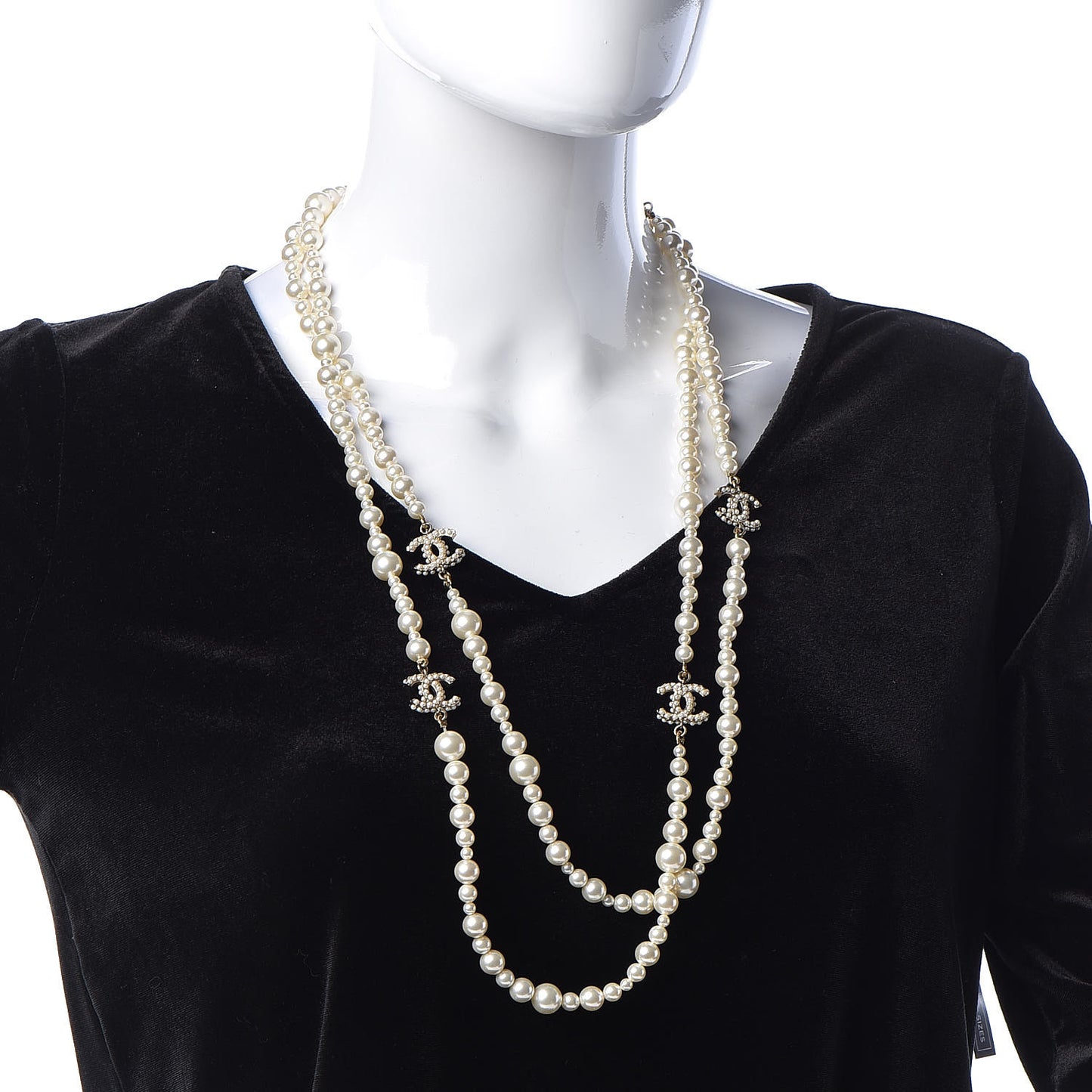 Graduated Pearl CC Long Necklace Light Gold