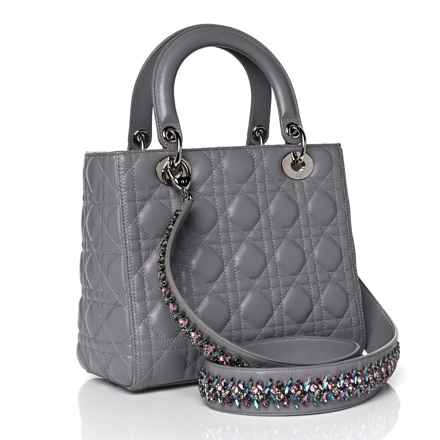Lambskin Cannage Medium Lady Dior Crystal Strap Grey