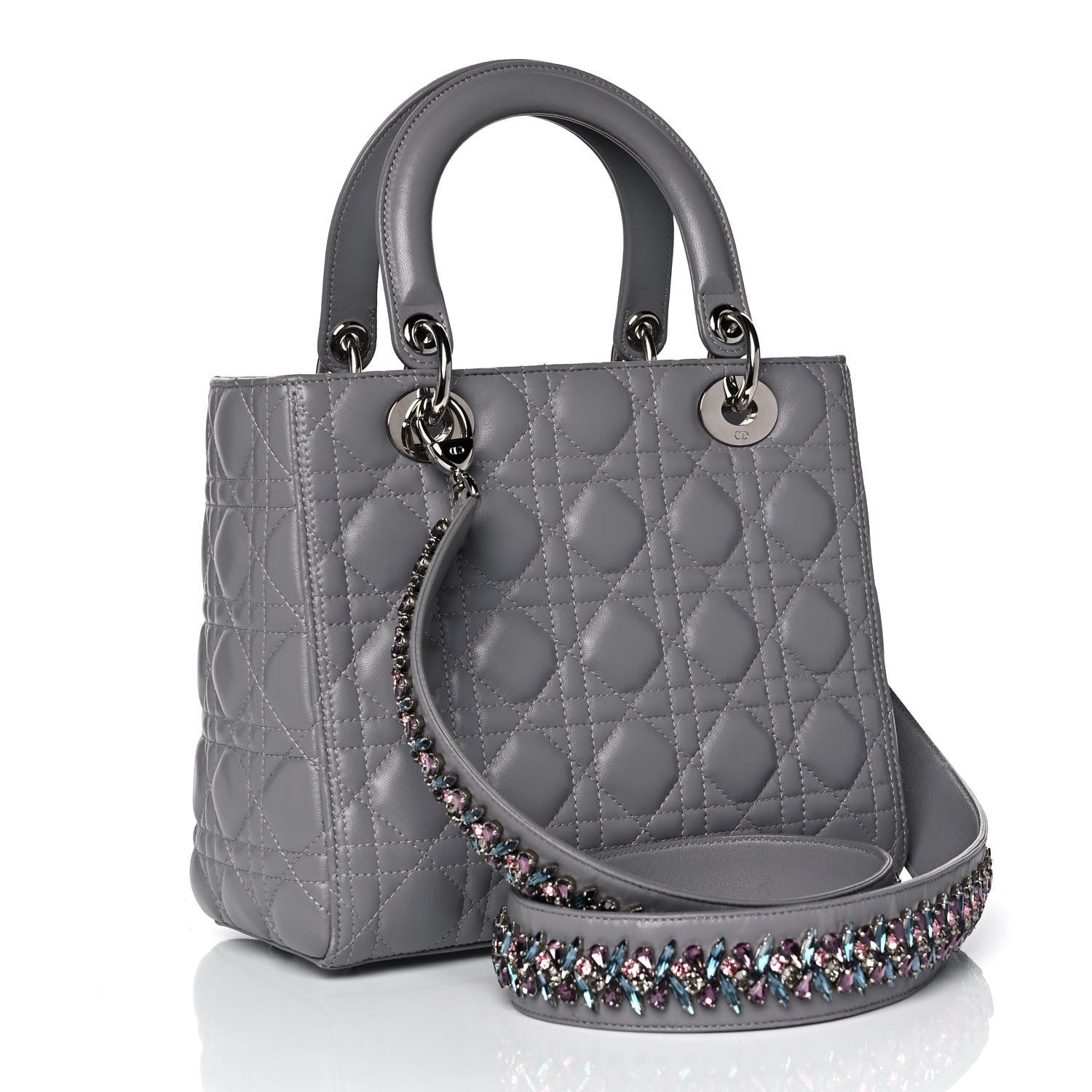 Christian Dior Lambskin Cannage Medium Lady Dior Crystal Strap Grey 3 of 15