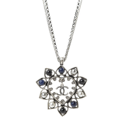 Chanel Crystal Pearl Bead CC Heart Pendant Chain Necklace Silver 4 of 6