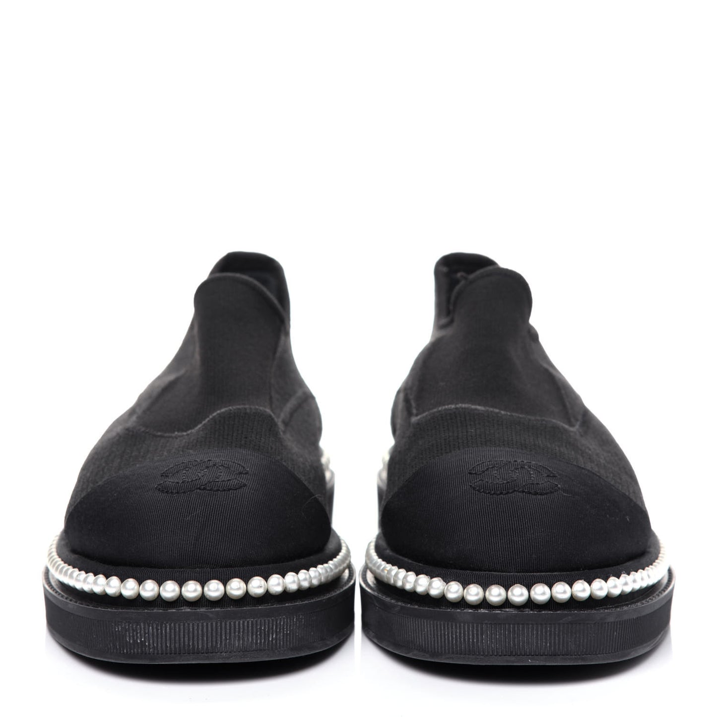 Stretch Fabric Grosgrain Pearl Cap Toe CC Moccasin Loafers 39 Black