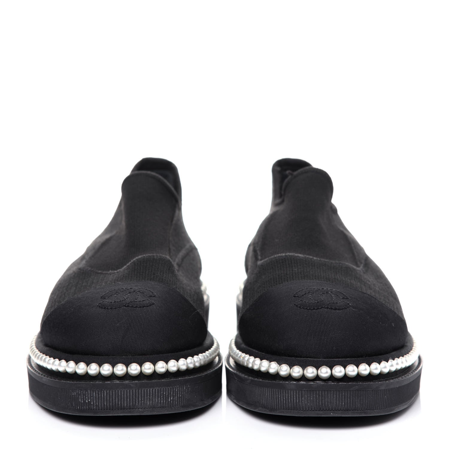 Chanel Stretch Fabric Grosgrain Pearl Cap Toe CC Moccasin Loafers 39 Black 2 of 13