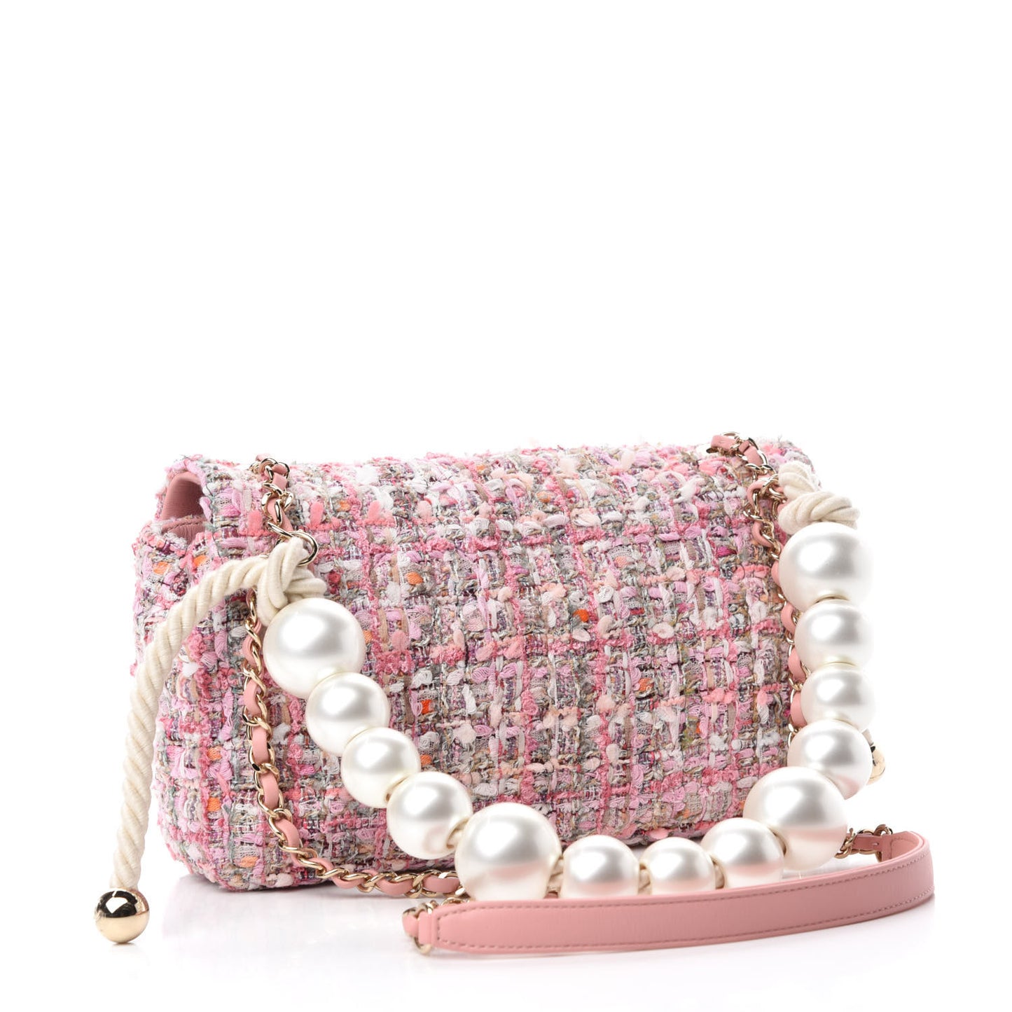 Tweed Medium Pearl Handle Flap Pink Beige Orange Ecru