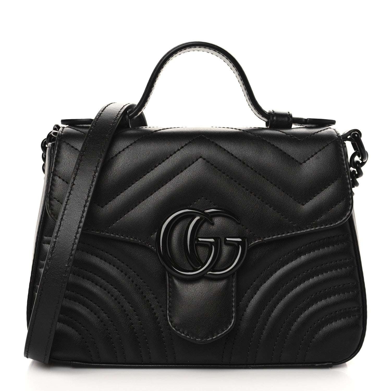 Gucci Calfskin Matelasse Monochrome Mini GG Marmont Top Handle Shoulder Bag Black 1 of 6