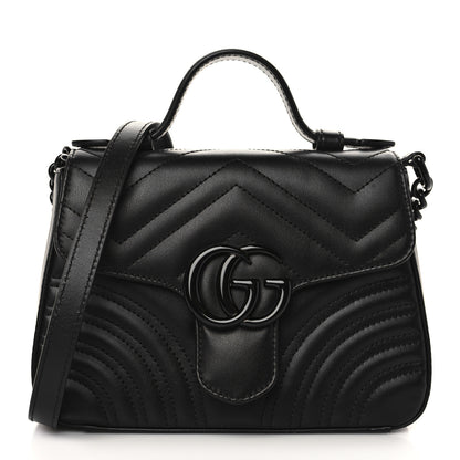 Gucci Calfskin Matelasse Monochrome Mini GG Marmont Top Handle Shoulder Bag Black 1 of 6