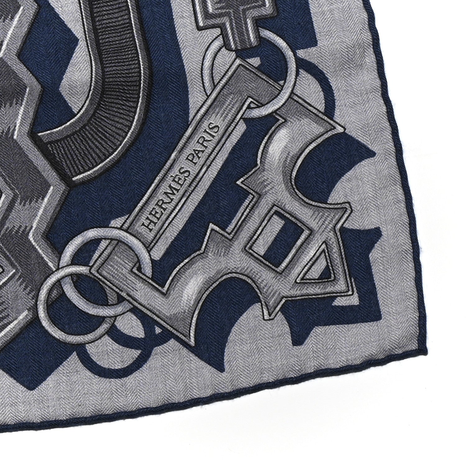 Hermes Cashmere Silk Brides Et Chaines Scarf 100 Gris Clair Gris Fonce Bleu Marine 2 of 6