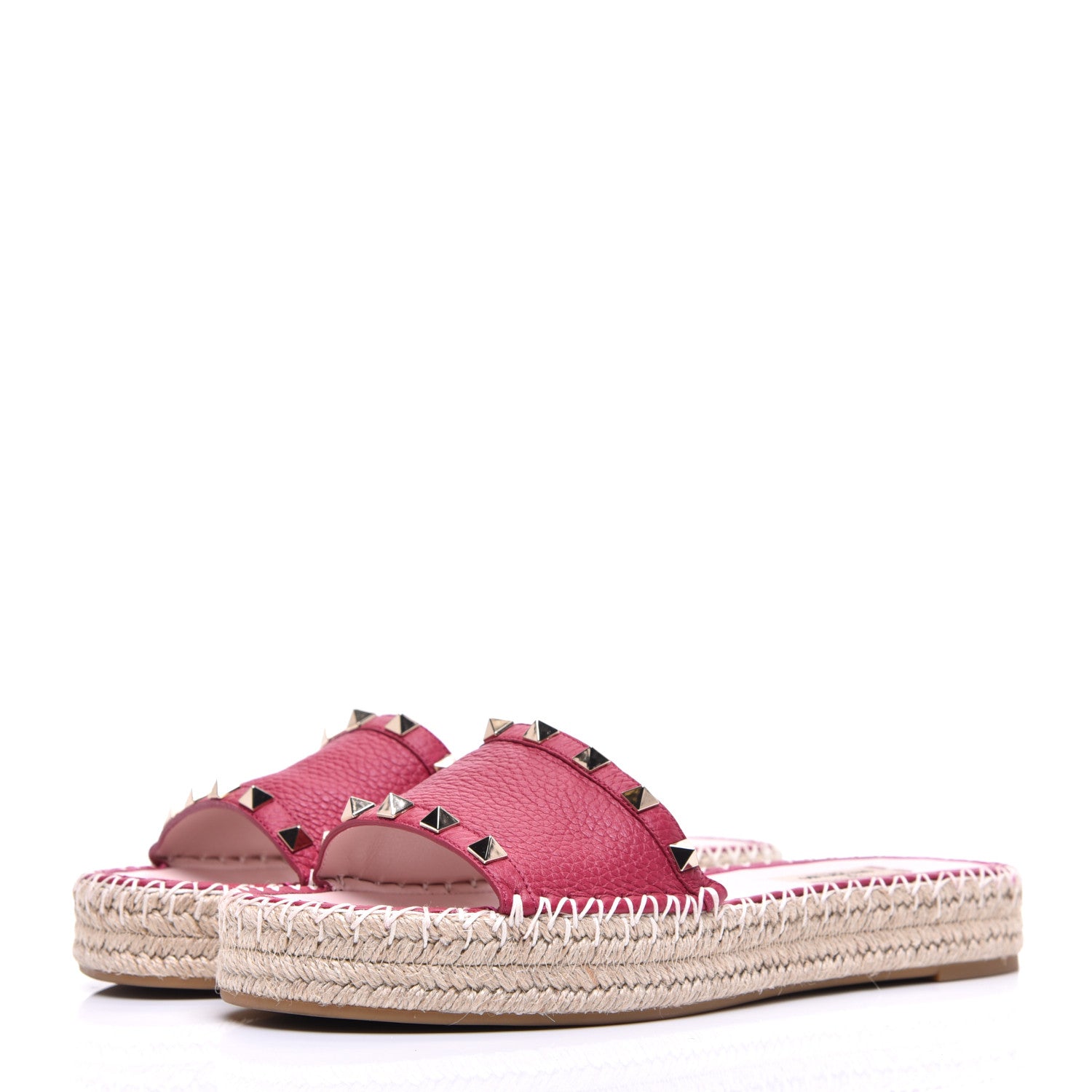 Valentino Garavani Pebbled Calfskin Rockstud Espadrille Flat Slide Sandals 38 Red 3 of 9