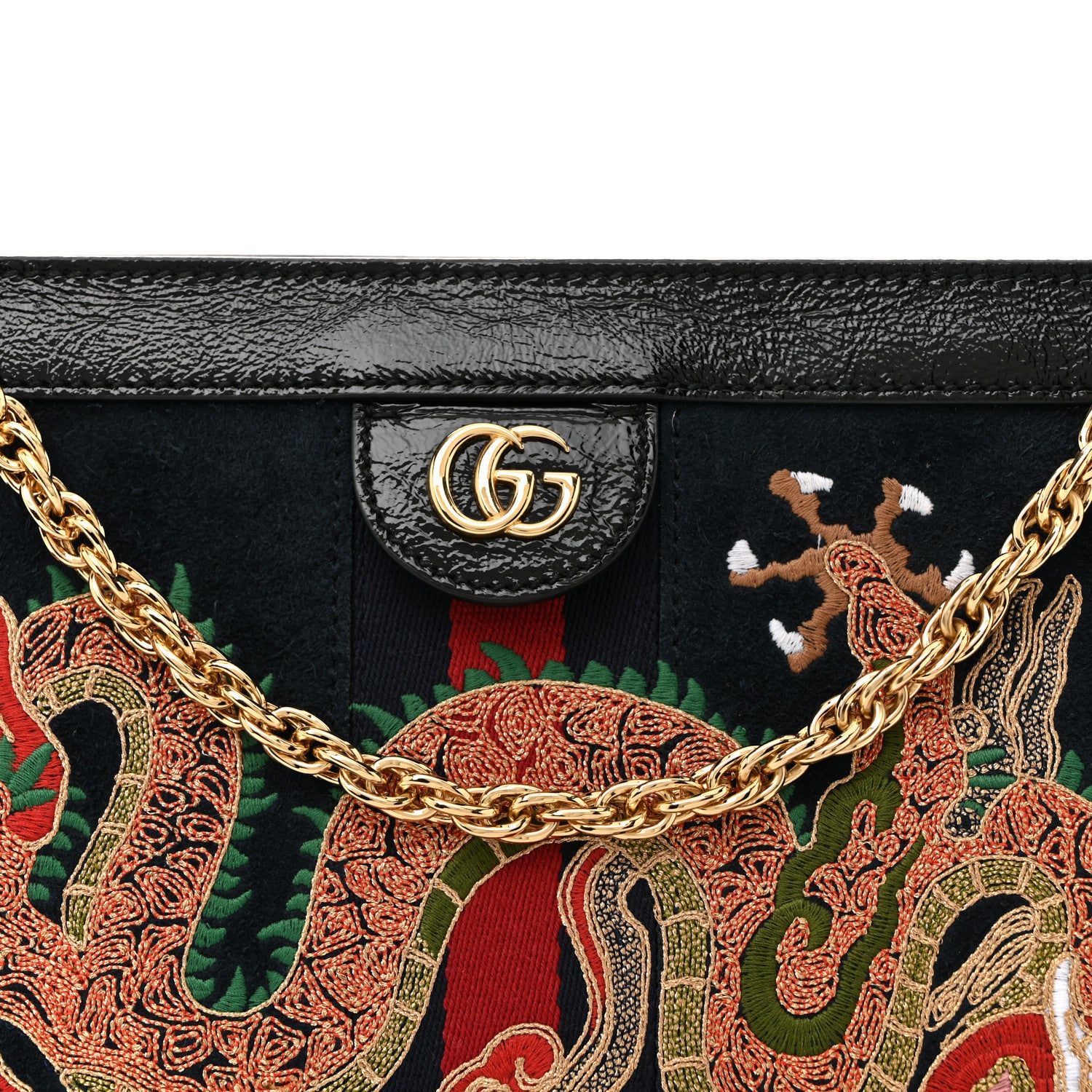Gucci Suede Patent Web Dragon Embroidered Medium Ophidia Chain Shoulder Bag Blue Multicolor Black 14 of 21