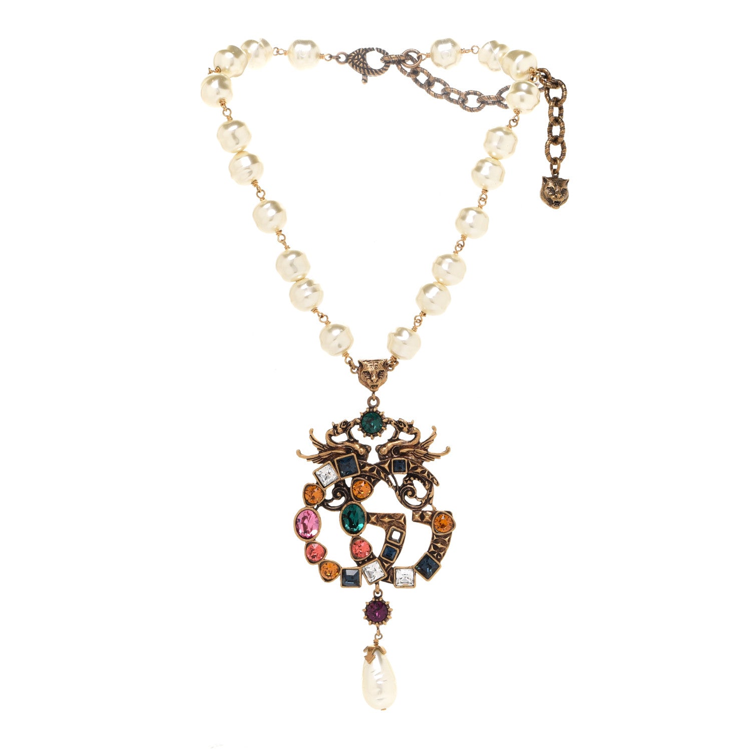 Gucci Crystal Pearl Marmont Dragon Necklace Aged Gold Multicolor 3 of 7