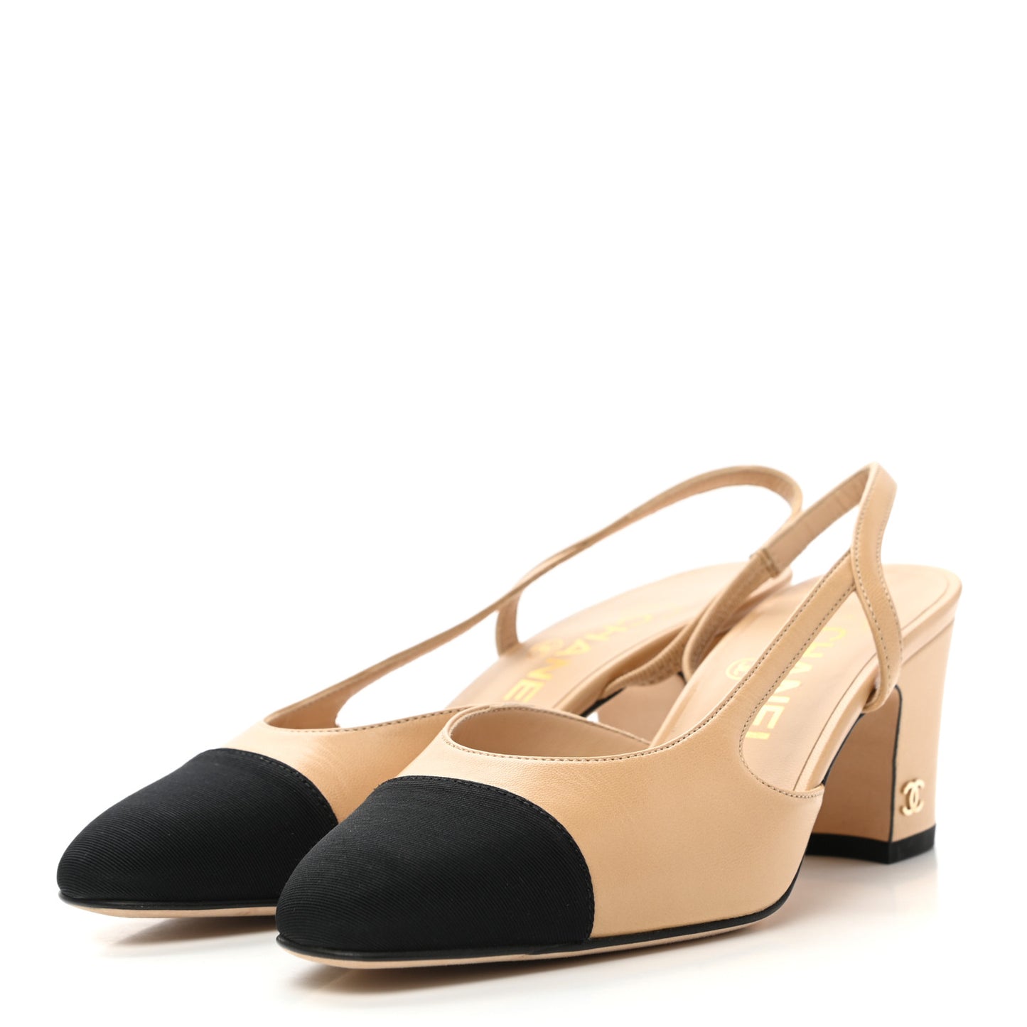 Goatskin Grosgrain Cap Toe CC Slingback Pumps 35 Beige Black
