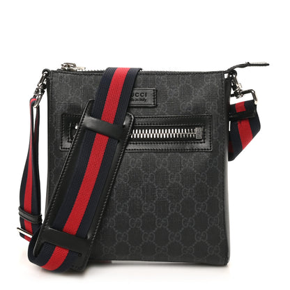 Gucci GG Supreme Monogram Web Small Flat Messenger Bag Black Grey 1 of 10