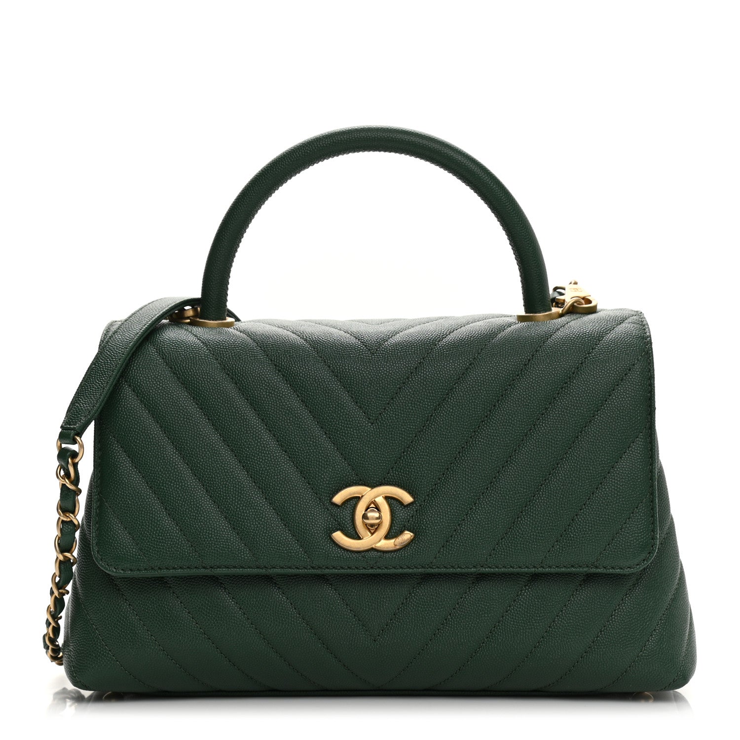 Chanel Caviar Chevron Quilted Small Coco Handle Flap Green 1 of 8