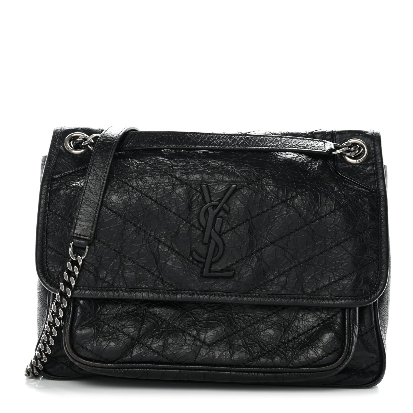 Crinkled Calfskin Matelasse Monogram Medium Niki Chain Satchel Black