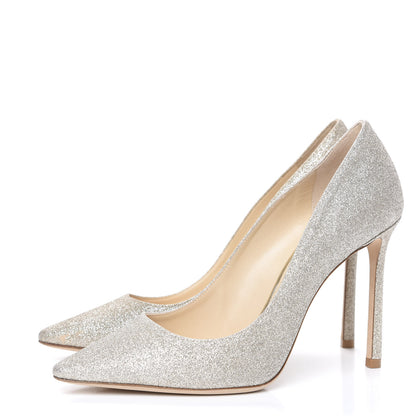 Jimmy Choo Dusty Glitter Romy 100 Pumps 38 Platinum Ice 3 of 9