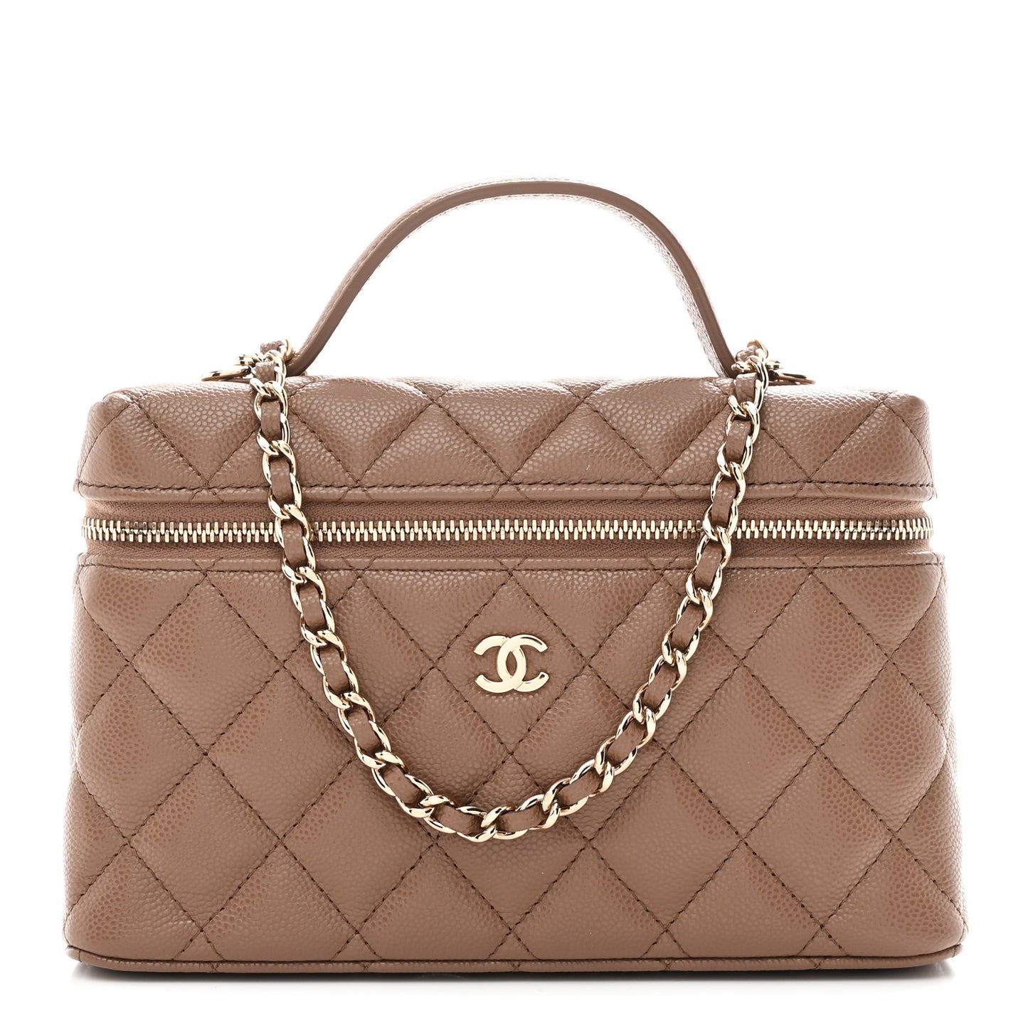 Caviar Quilted Top Handle Slim Vanity With Chain Dark Beige