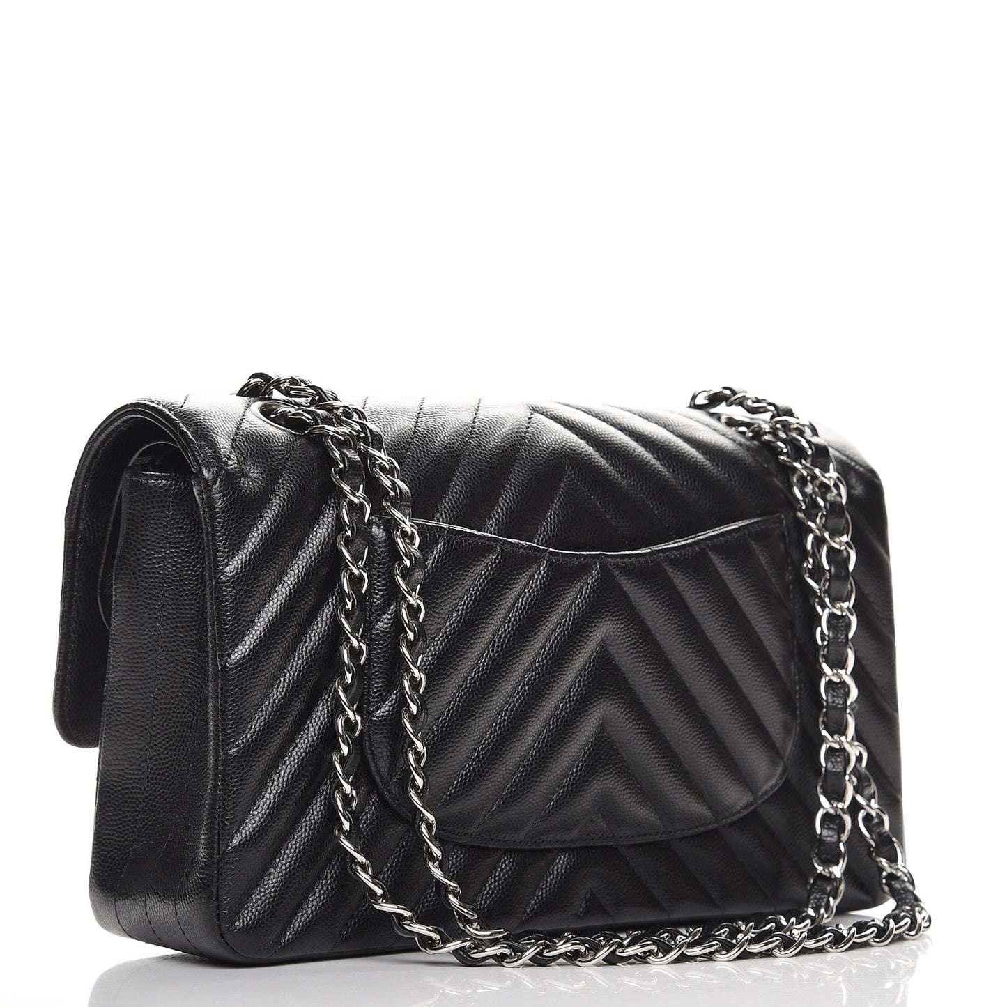 Caviar Chevron Quilted Medium Double Flap Black