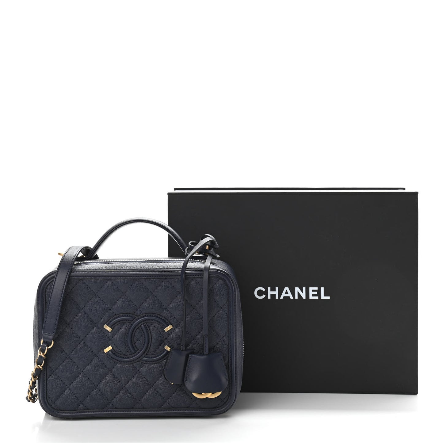 Caviar Quilted Large CC Filigree Vanity Case Navy