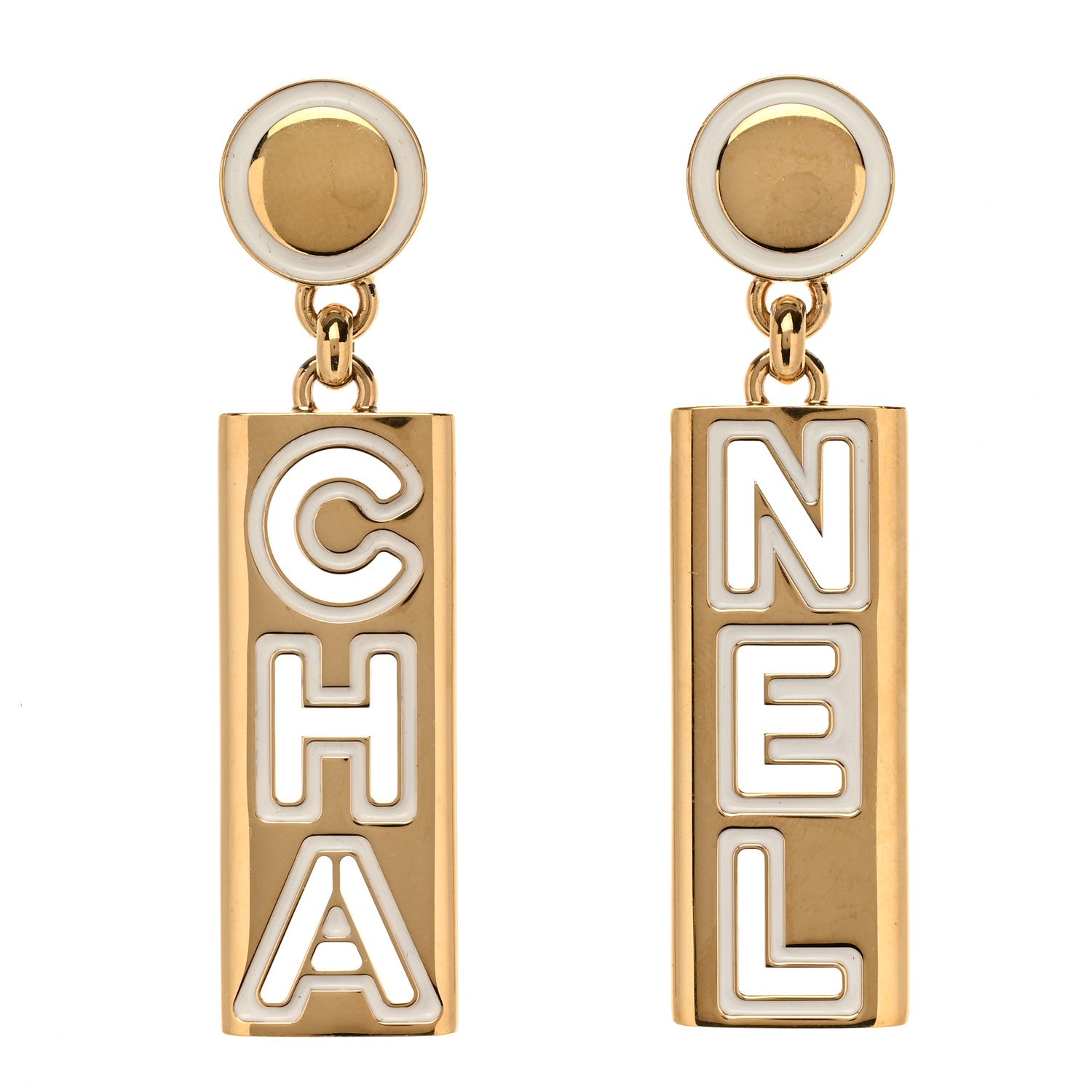 Chanel Metal Enamel Cha-Nel Logo Drop Earrings Gold White 1 of 4