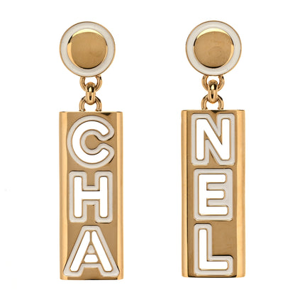 Chanel Metal Enamel Cha-Nel Logo Drop Earrings Gold White 1 of 4