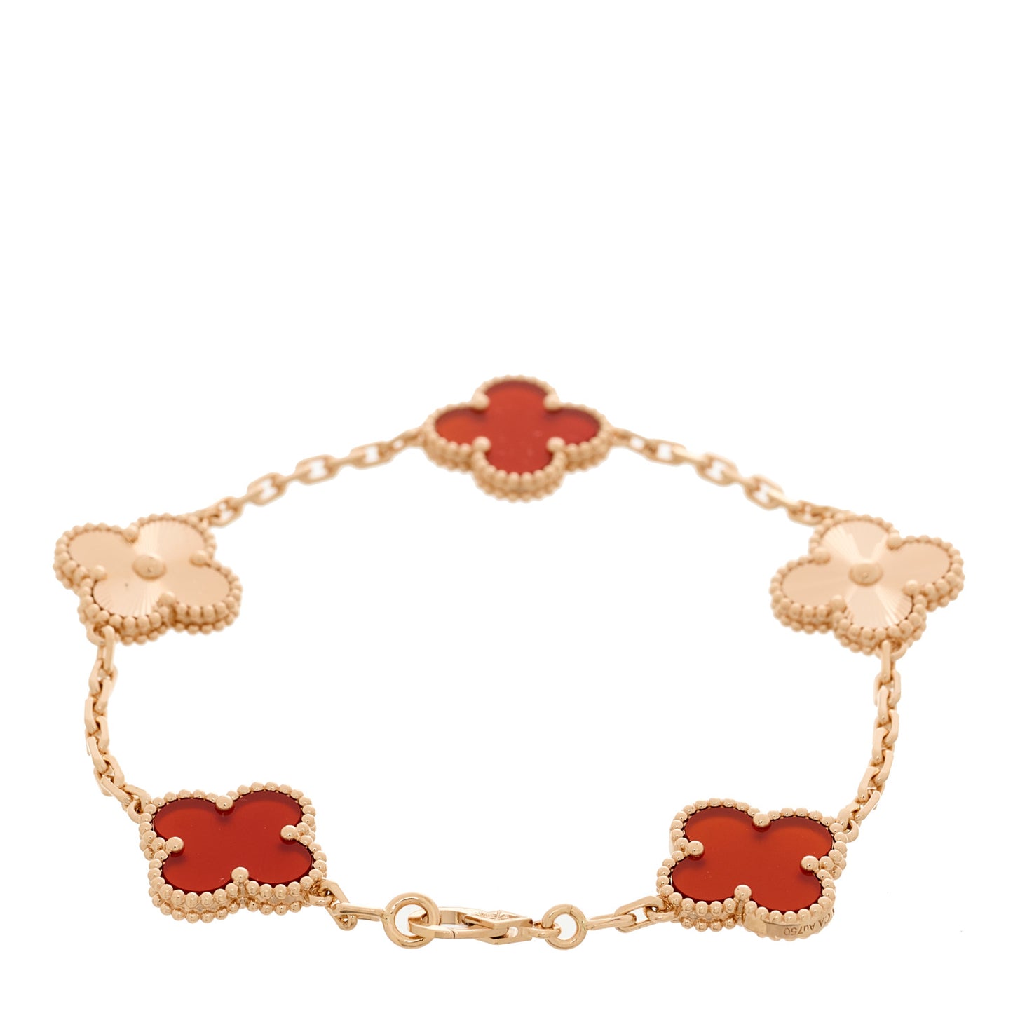 18K Rose Gold Carnelian 5 Motifs Guilloche Vintage Alhambra Bracelet