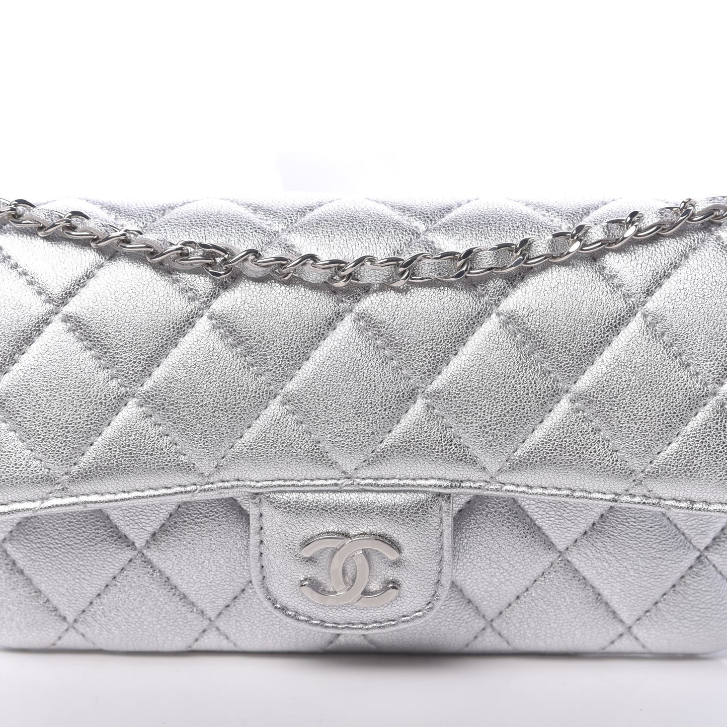 Metallic Lambskin Quilted Glasses Case With Chain Silver