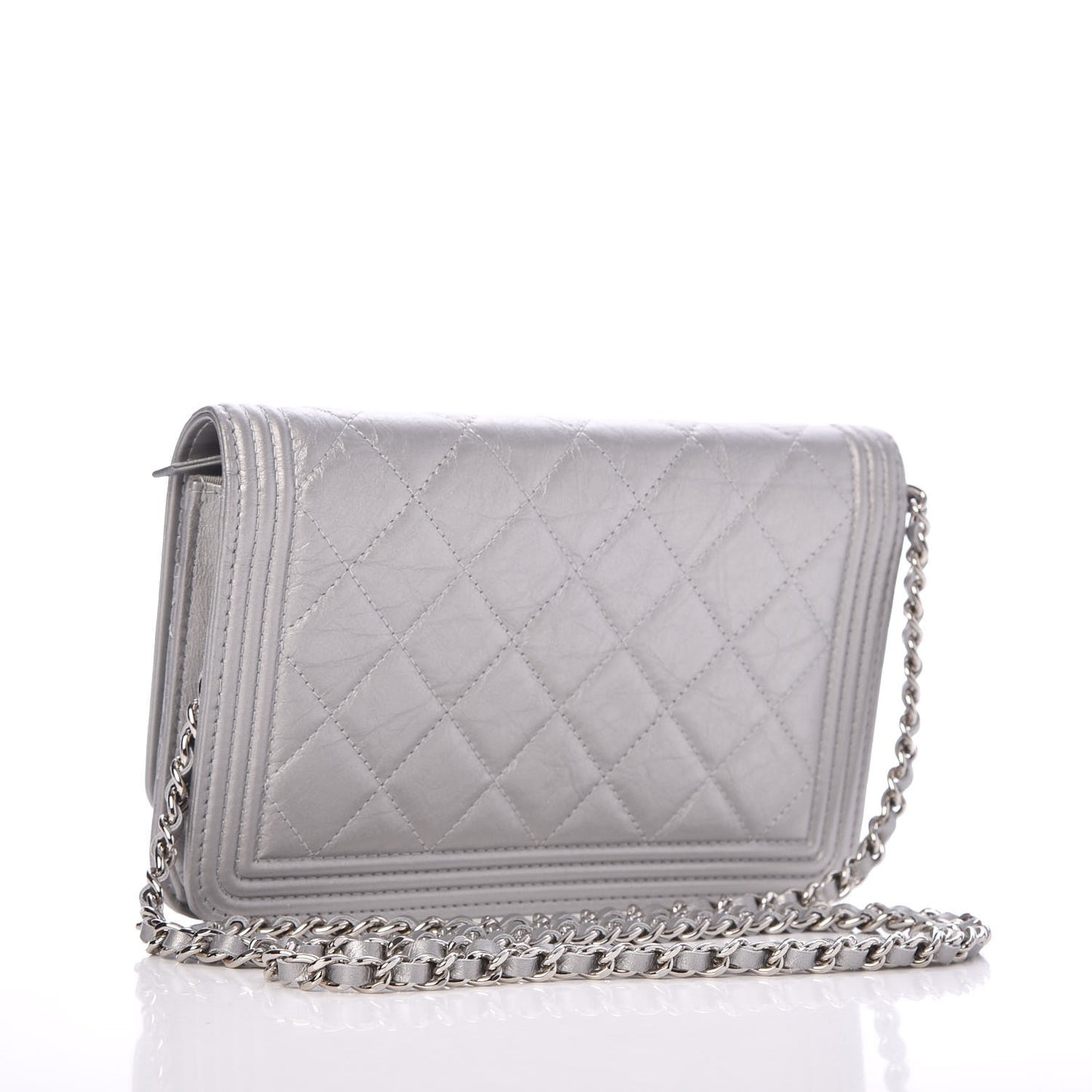 Metallic Aged Calfskin Quilted Boy Wallet On Chain WOC Silver