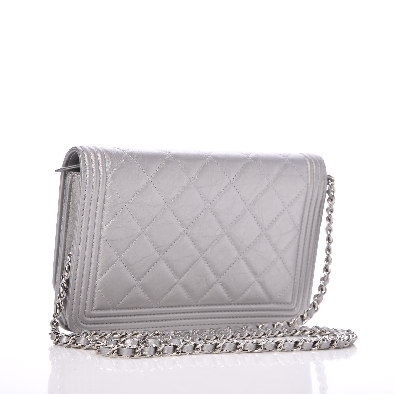 Chanel Metallic Aged Calfskin Quilted Boy Wallet On Chain WOC Silver 3 of 9
