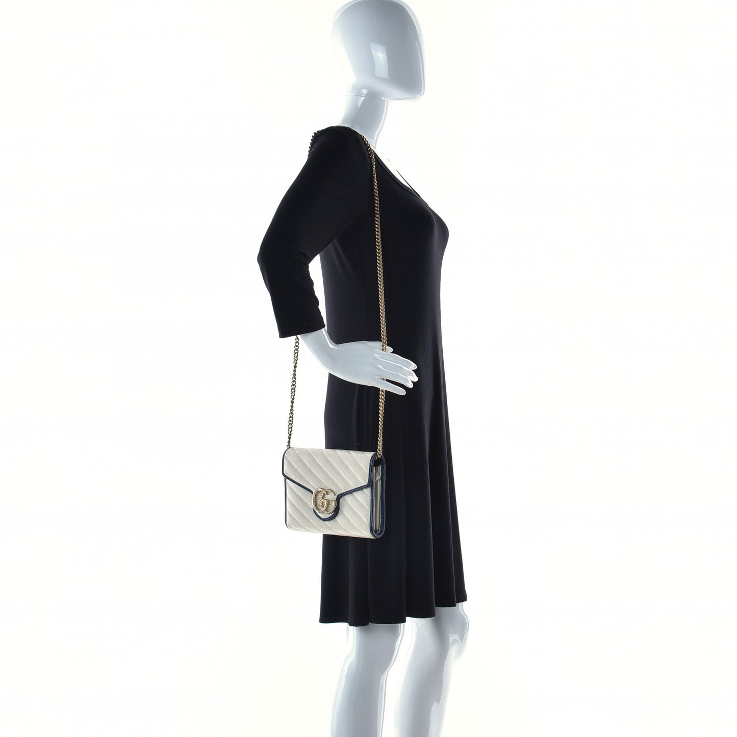 Vintage Effect Calfskin Matelasse Diagonal Torchon GG Marmont Chain Wallet Mystic White Blue Agata