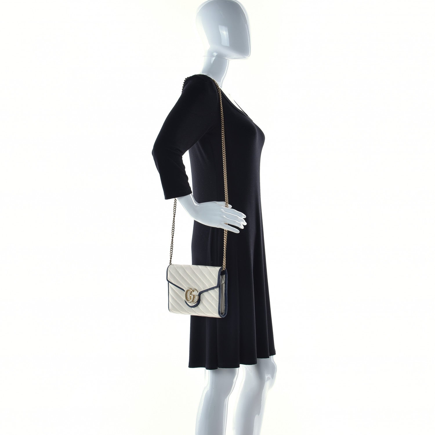 Gucci Vintage Effect Calfskin Matelasse Diagonal Torchon GG Marmont Chain Wallet Mystic White Blue Agata 2 of 21