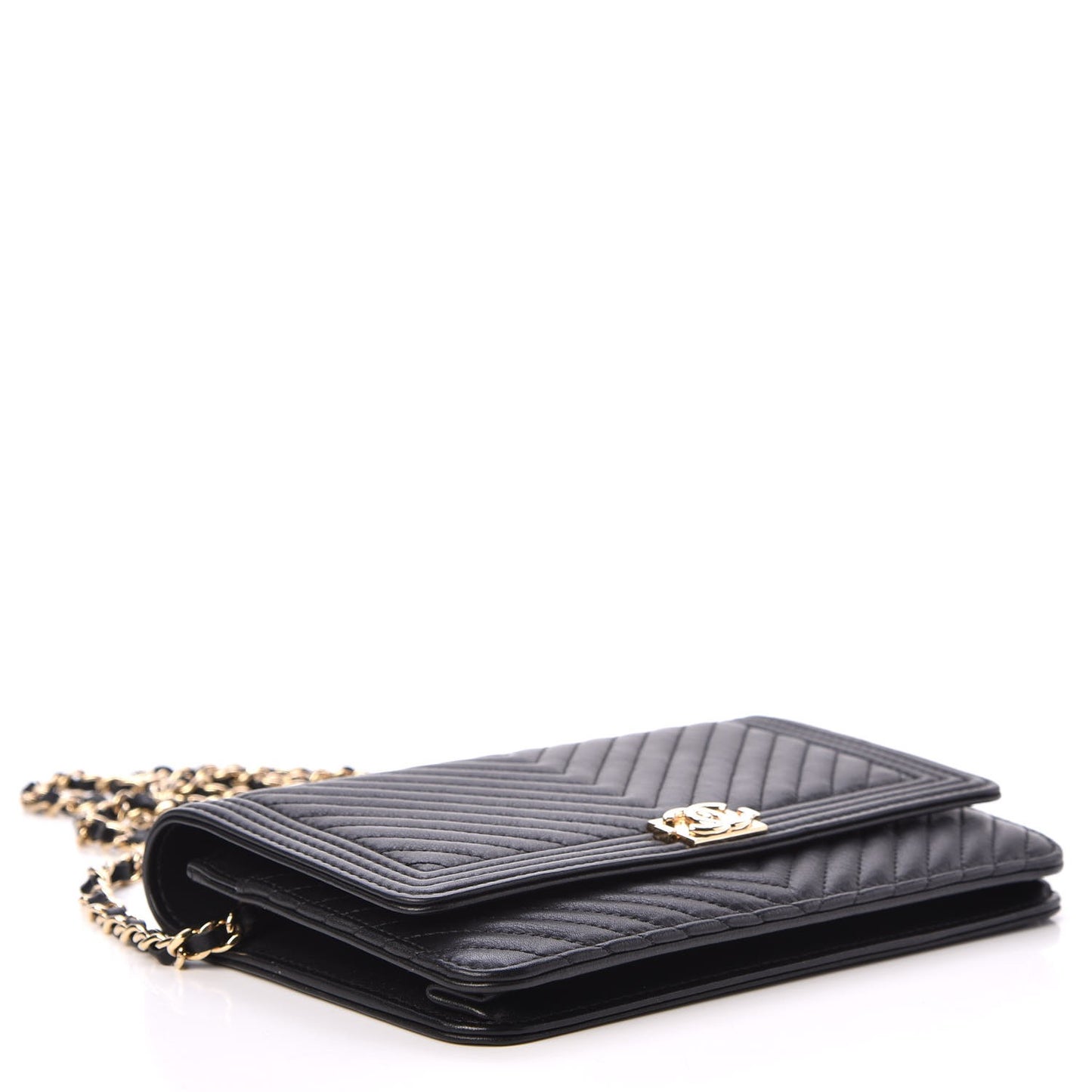 Calfskin Chevron Quilted Boy Wallet On Chain WOC Black