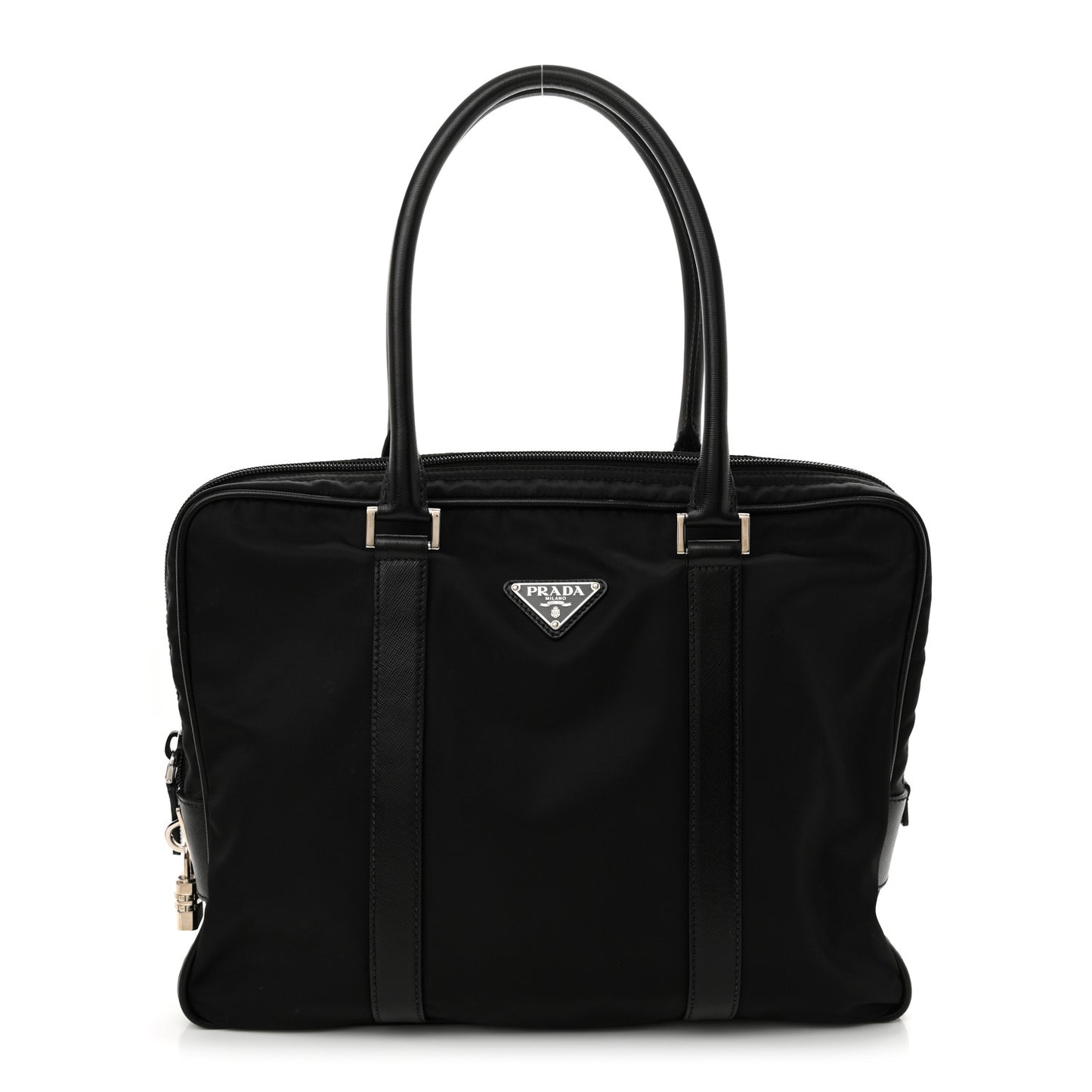 Tessuto Nylon Saffiano Metal Triangle Logo Work Bag Black