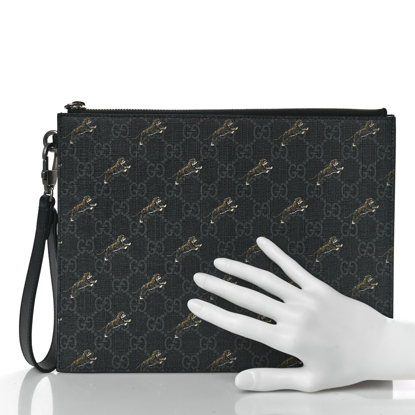 GG Supreme Monogram Tigers Zip Wristlet Pouch Black