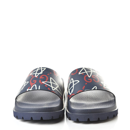 Gucci Calfskin Rubber GucciGhost Mens Lug Sole Slide Sandals 7 Blue Agata Hibiscus Red 2 of 8