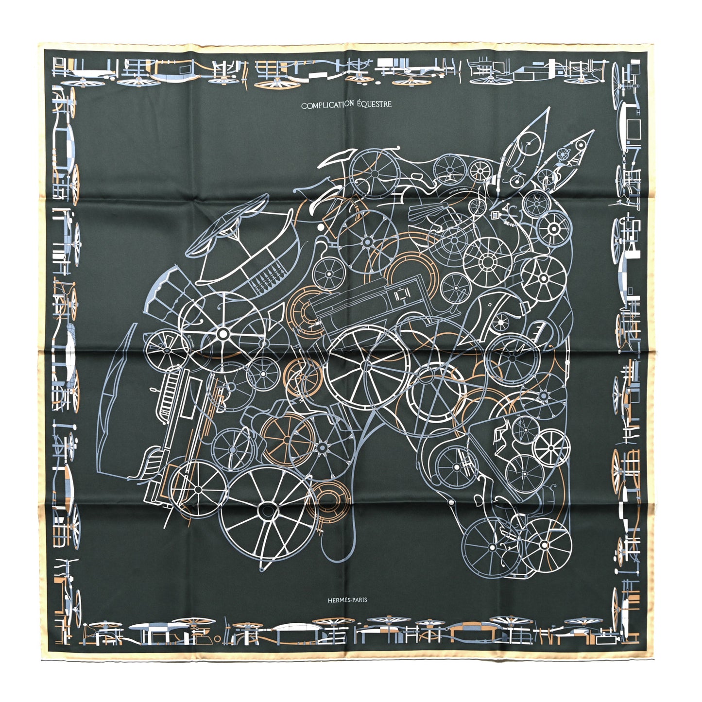Silk Complication Equestre Scarf 90 Vert Anthracite Bleu Ardoise