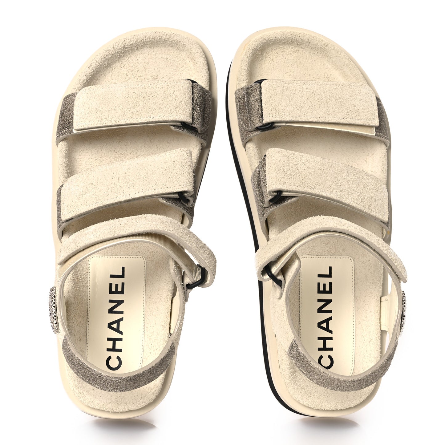 Suede Calfskin Velcro Flat Sandals 39 Ecru Dark Beige