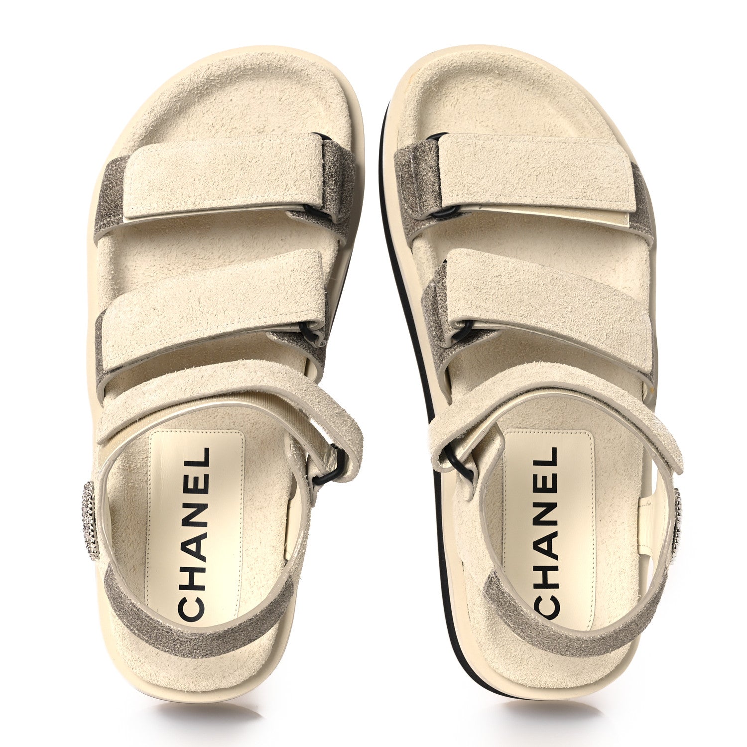 Chanel Suede Calfskin Velcro Flat Sandals 39 Ecru Dark Beige 2 of 10