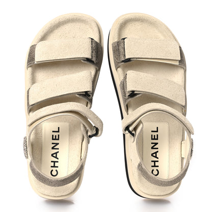 Chanel Suede Calfskin Velcro Flat Sandals 39 Ecru Dark Beige 2 of 10