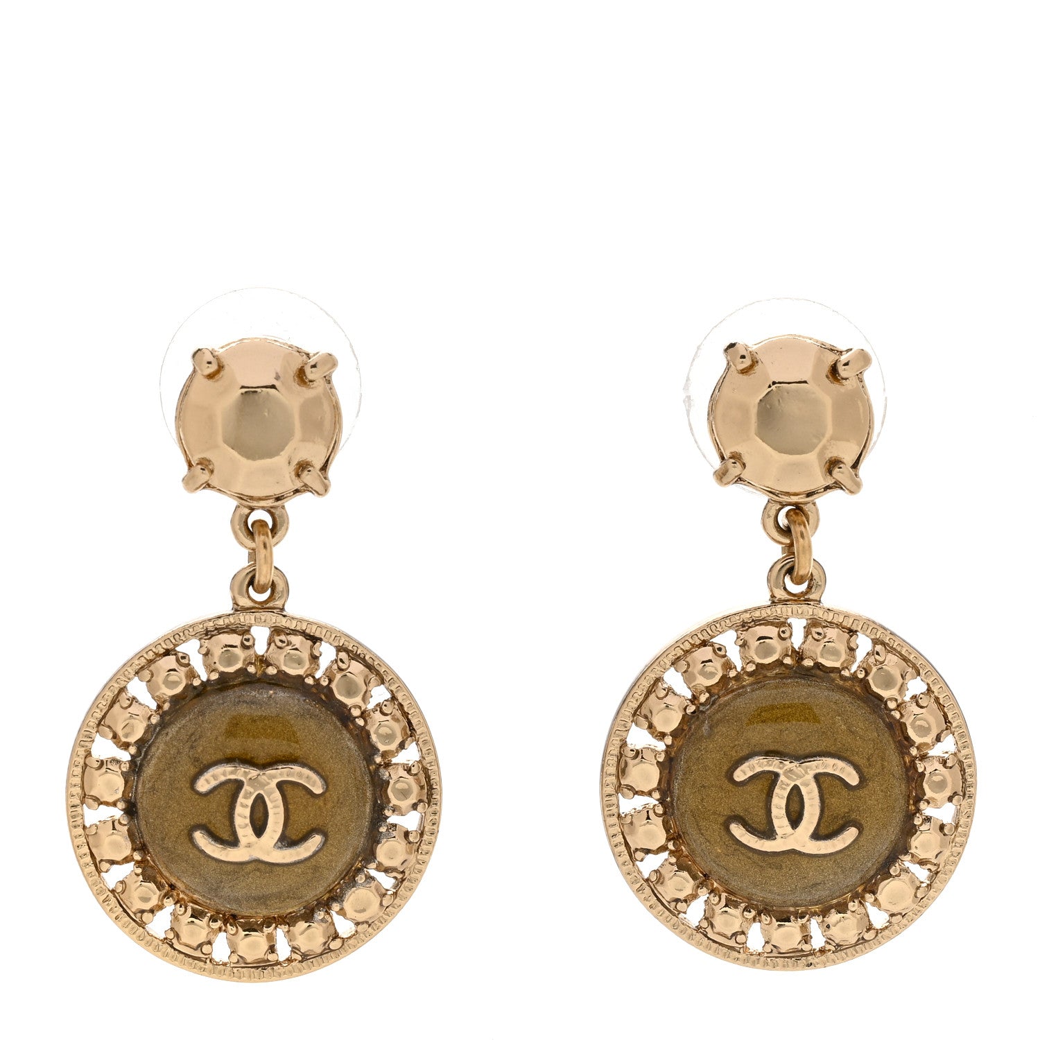 Chanel Resin Metal CC Round Drop Earrings Iridescent Green Gold 1 of 4