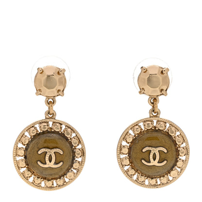 Chanel Resin Metal CC Round Drop Earrings Iridescent Green Gold 1 of 4