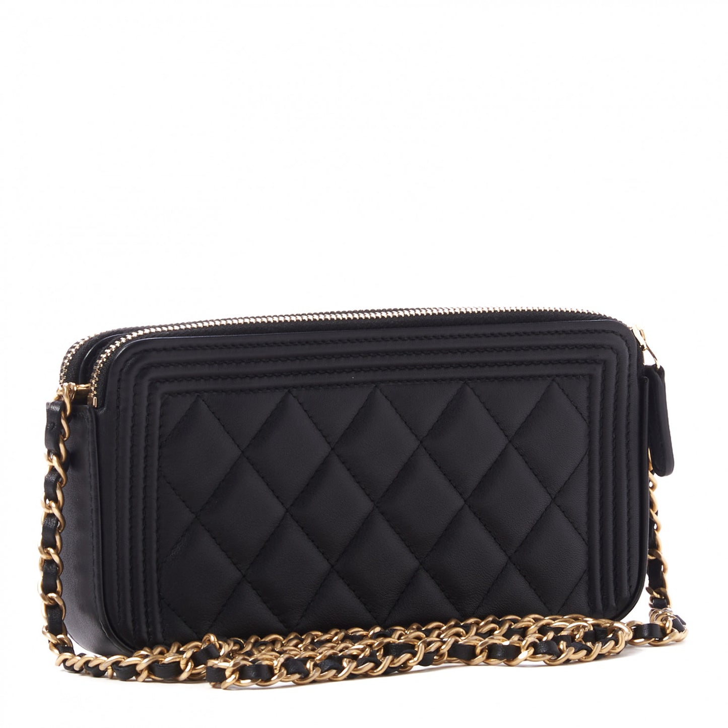 Calfskin Quilted Small Boy Clutch With Chain Black