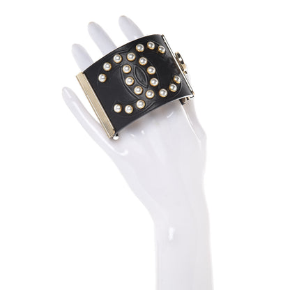 Chanel Lambskin Calfskin Pearl CC Cuff Bracelet Black Gold 2 of 5