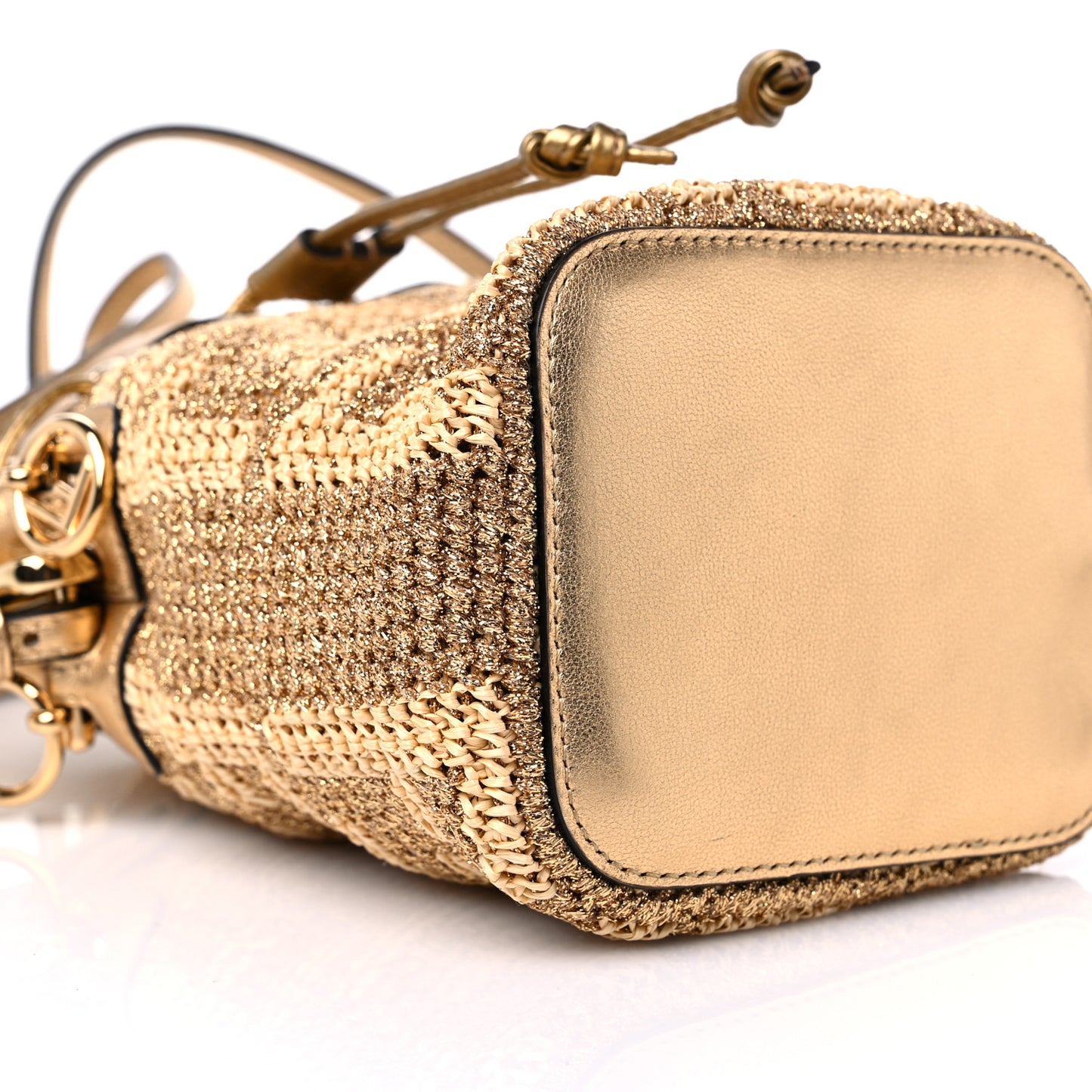 Raffia Lurex Vitello Laminato F is Fendi FF Crochet Mini Mon Tresor Bucket Bag Natural Oro