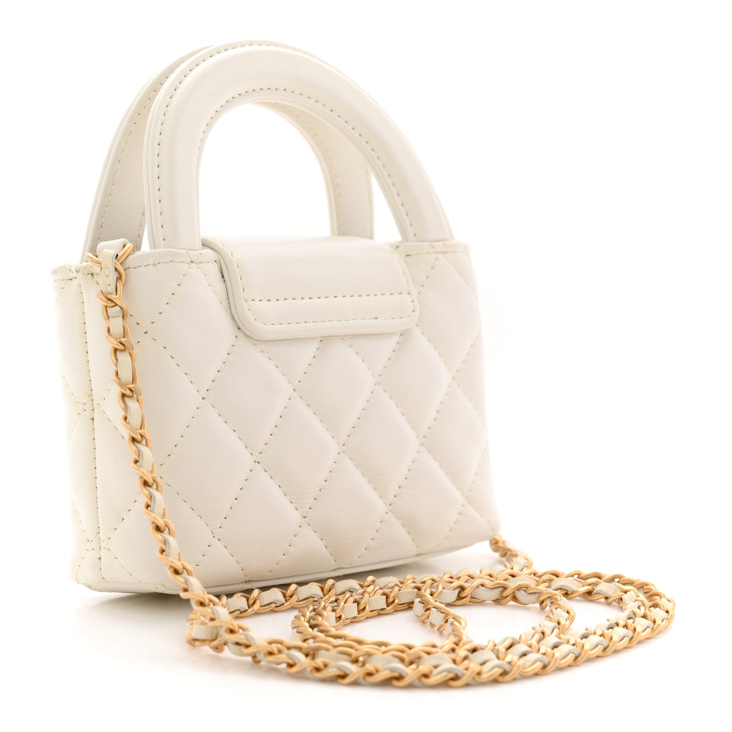 Shiny Aged Calfskin Quilted Mini Nano Kelly Shopper Beige White