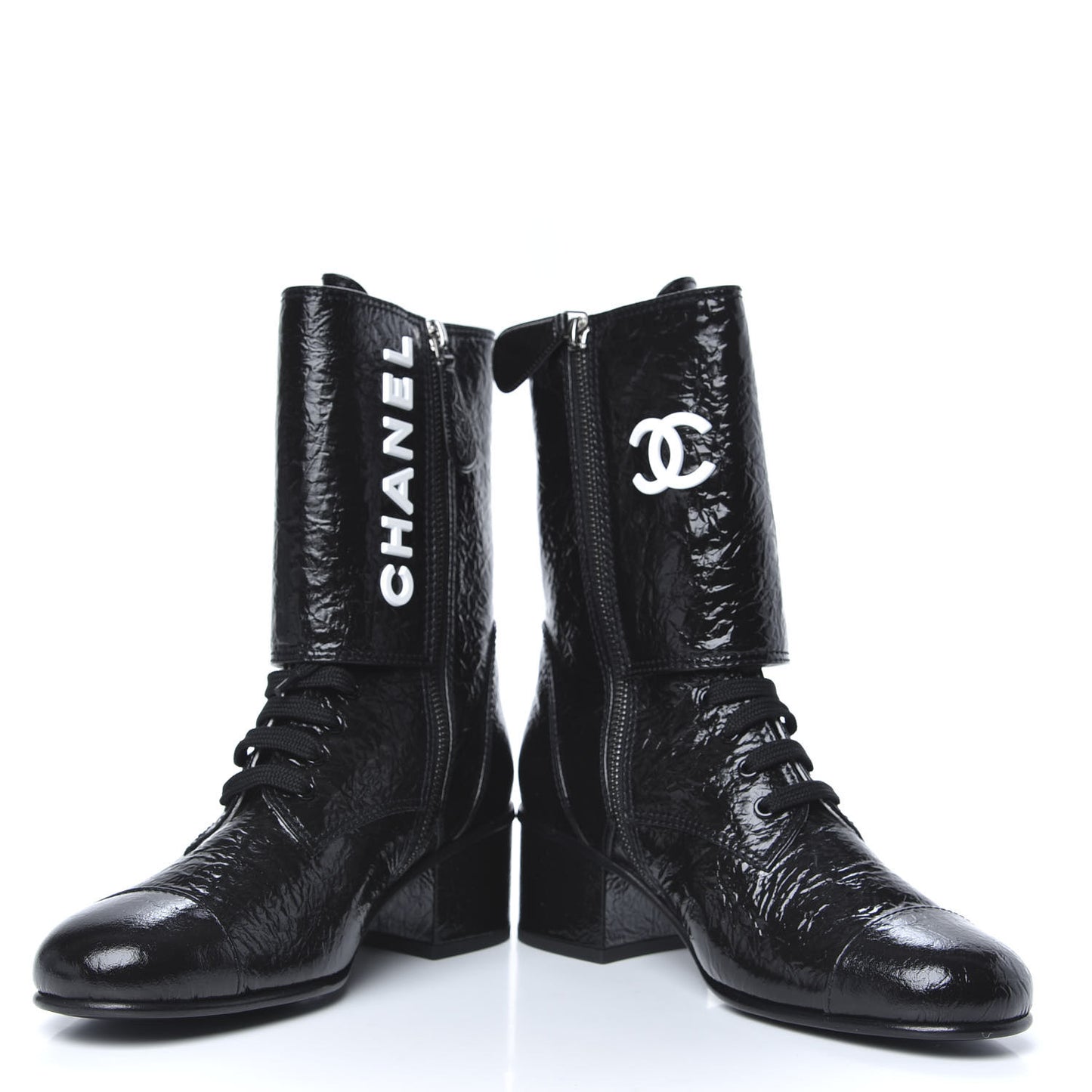 Patent Goatskin Cap Toe CC Lace Up Boots 38 Black