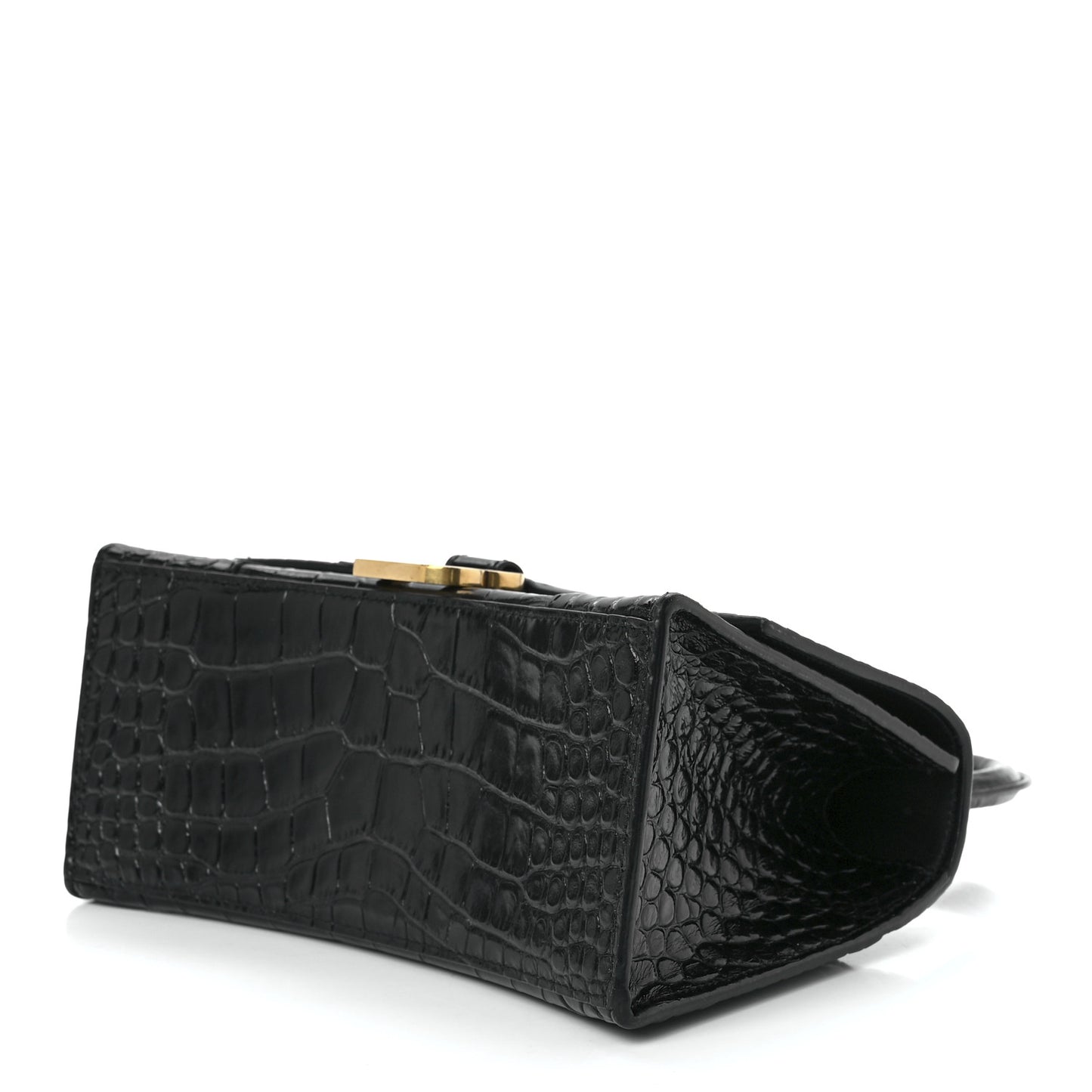 Shiny Calfskin Crocodile Embossed Small Hourglass Top Handle Bag Black
