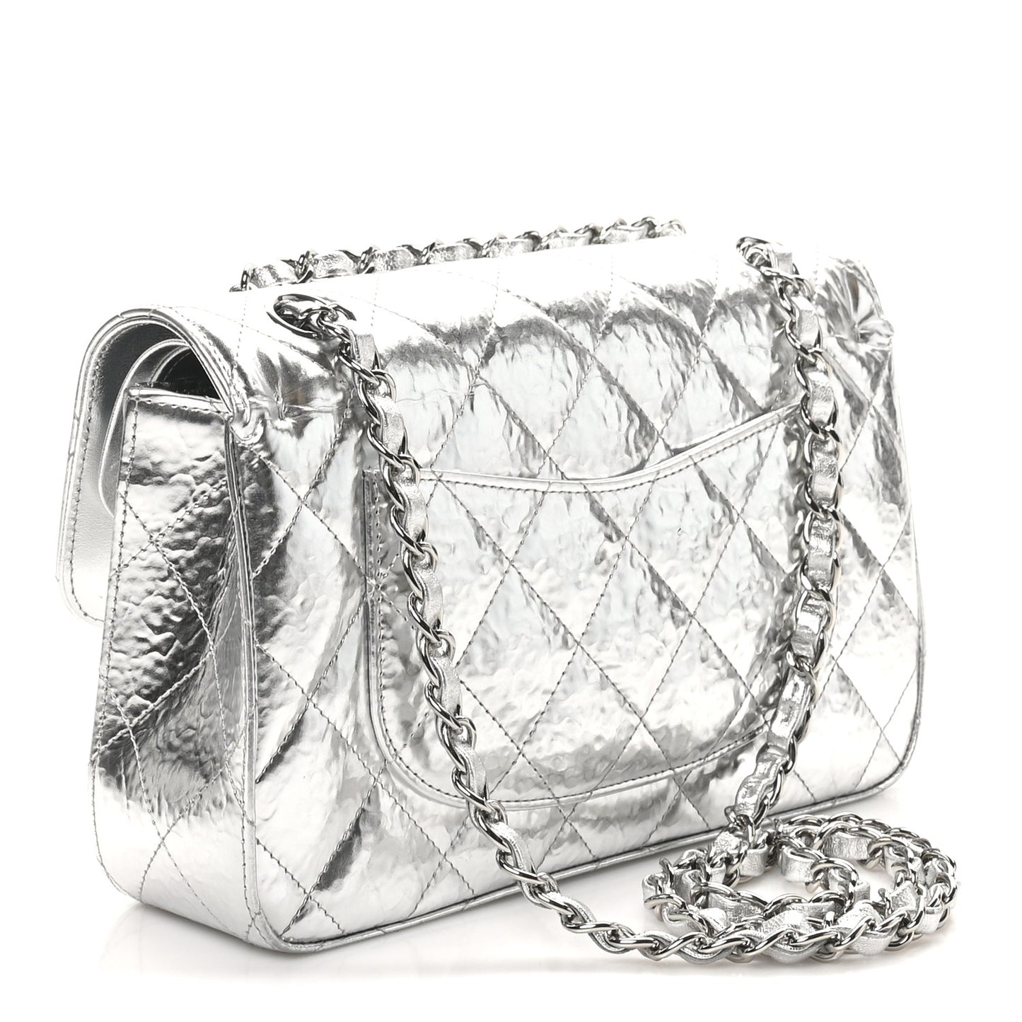 Hammered Metallic Calfskin Quilted Small Double Flap Silver