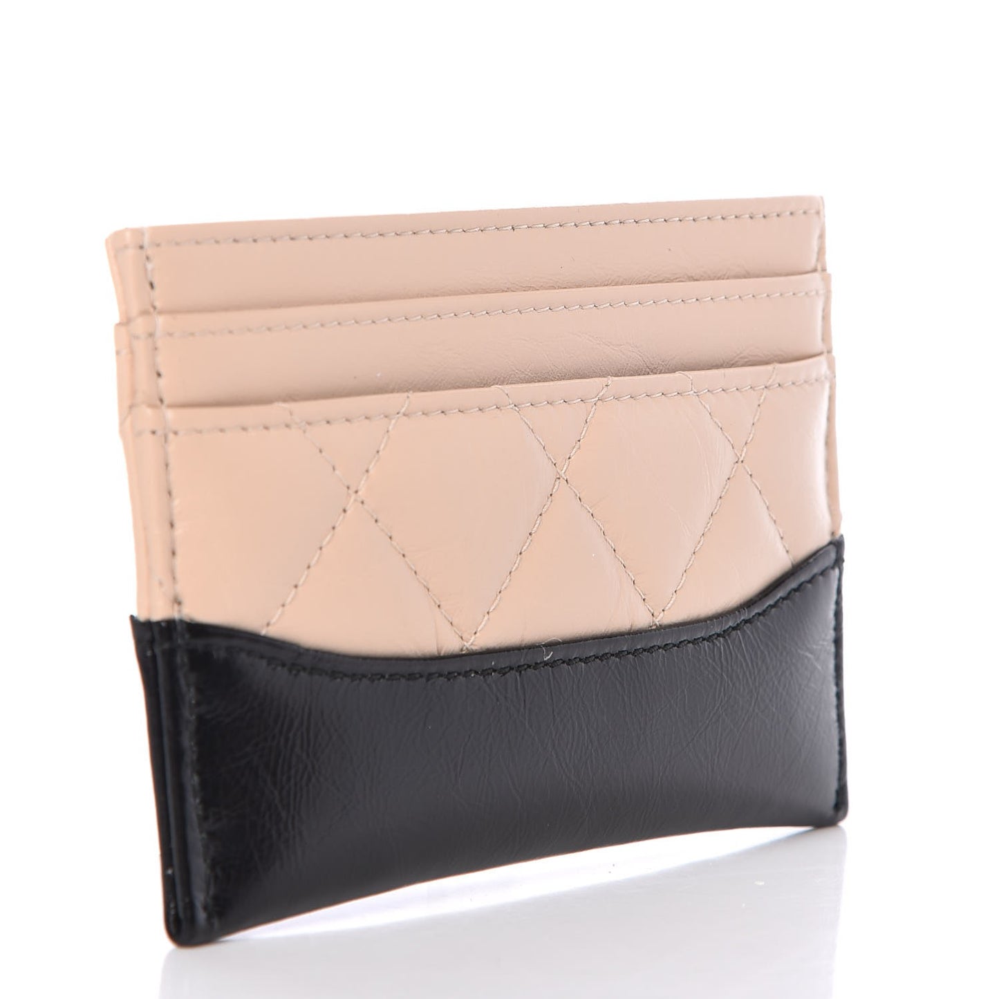 Aged Calfskin Quilted Gabrielle Card Holder Wallet Beige Black