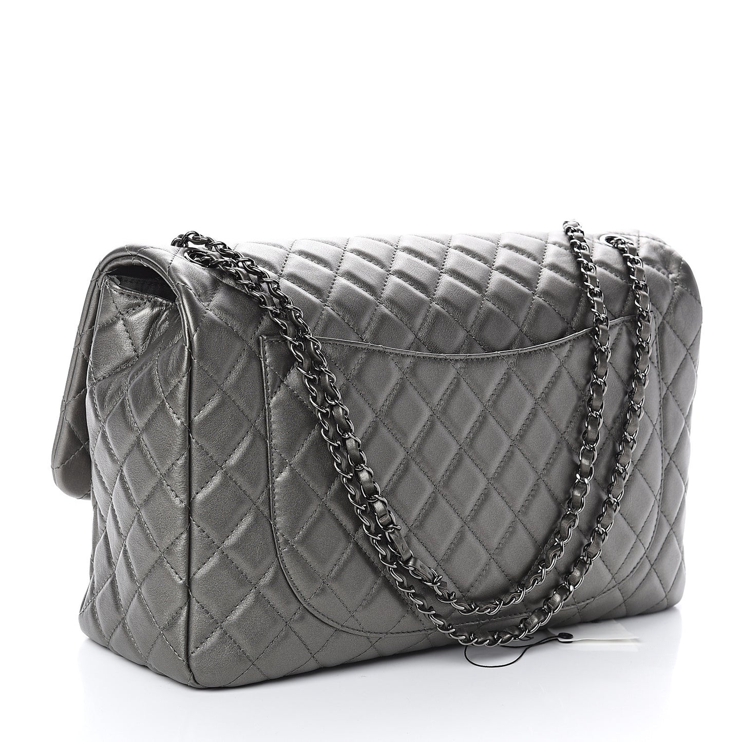 Metallic Calfskin Quilted Small XXL Travel Flap Bag Dark Silver